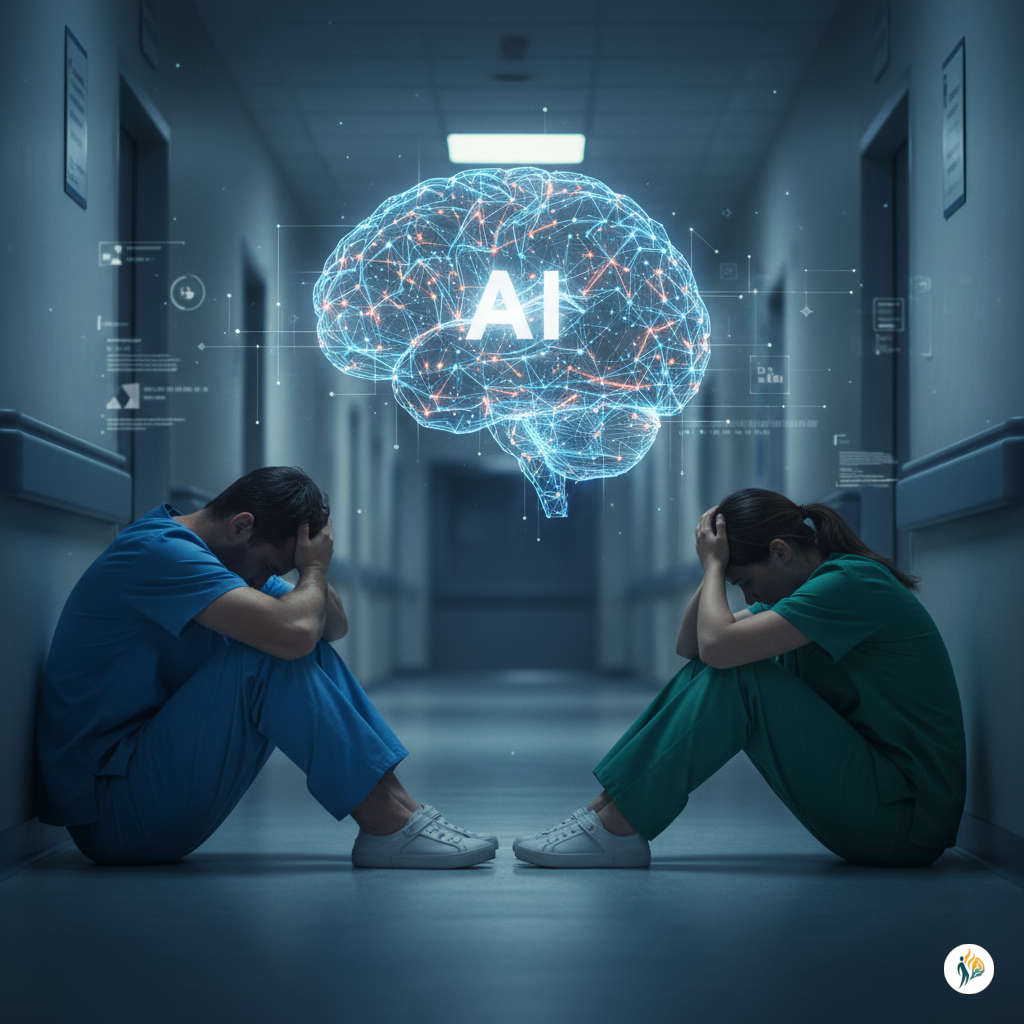 Due professionisti sanitari in burnout si guardano stanchi. Tra loro, un cervello luminoso con la scritta