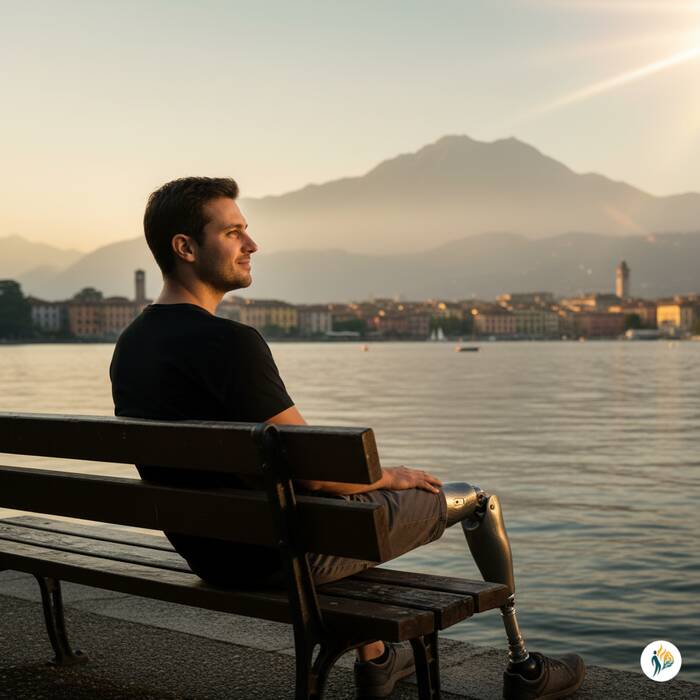 Uomo con protesi alla gamba siede al tramonto sul lago dopo neuromodulazione per dolore da arto fantasmaAlt Text
