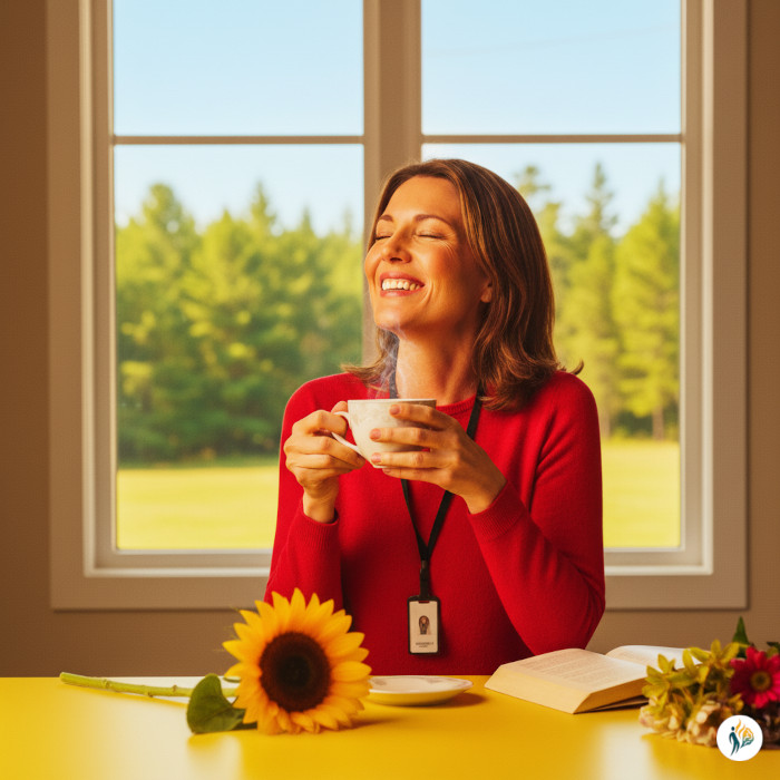 Donna sorridente in maglia rossa, tiene una tazza di caffè fumante. Seduta a un tavolo giallo con un girasole e un libro. Finestra con paesaggio verde sullo sfondo.