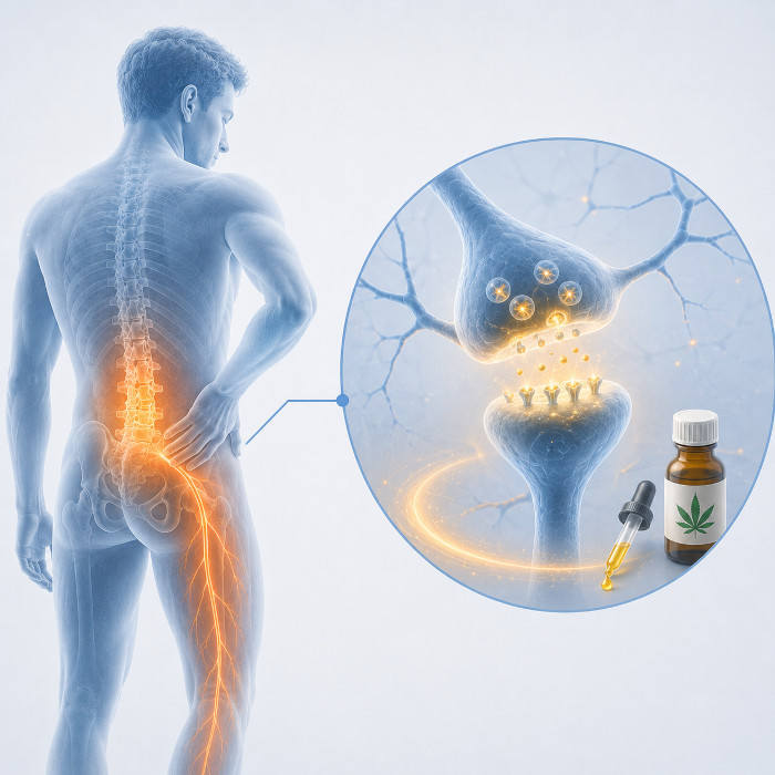 Cannabis terapeutica nel trattamento del dolore neuropatico cronico da ernia lombare con sciatalgia persistente. Illustrazione del dolore neuropatico da ernia lombare con sciatalgia e modulazione della trasmissione nervosa mediante cannabis terapeutica