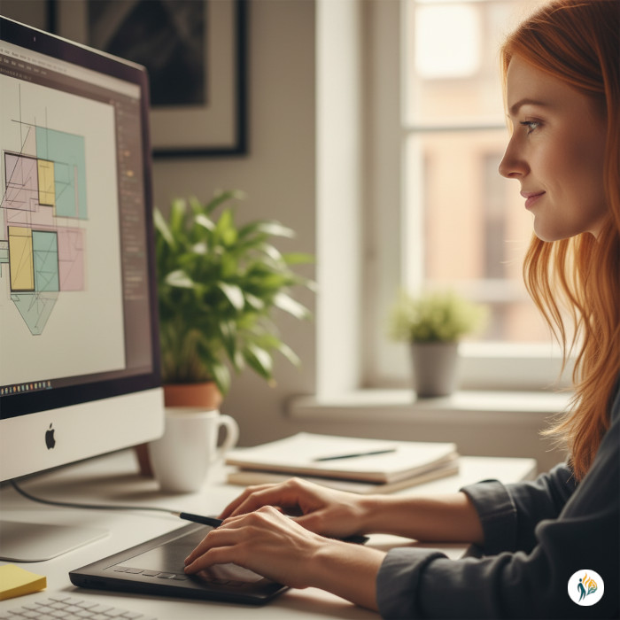 Donna dai capelli rossi disegna un progetto al computer con tavoletta grafica. Ambiente ufficio luminoso
