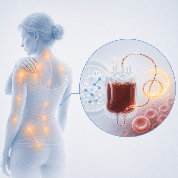 Illustrazione della fibromialgia con dolore diffuso e grande autoemotrasfusione con ossigeno-ozono