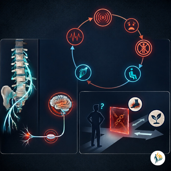Illustrazione della kinesiofobia e del circolo tra dolore, paura del movimento, evitamento e riduzione dell'attività
