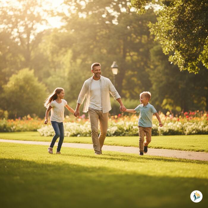 Francesco cammina sorridente al parco con i figli dopo infiltrazione epidurale per sciatalgia da protrusione L4-L5