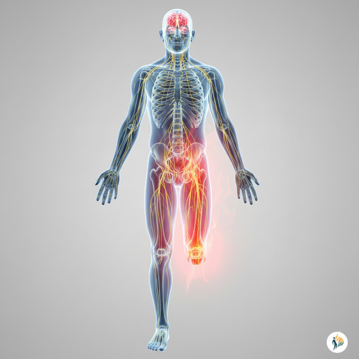 sciatalgia Illustrazione medica del sistema nervoso con evidenza del dolore fantasma alla gamba amputata, rappresentato da alone rosso lungo il decorso del nervo.