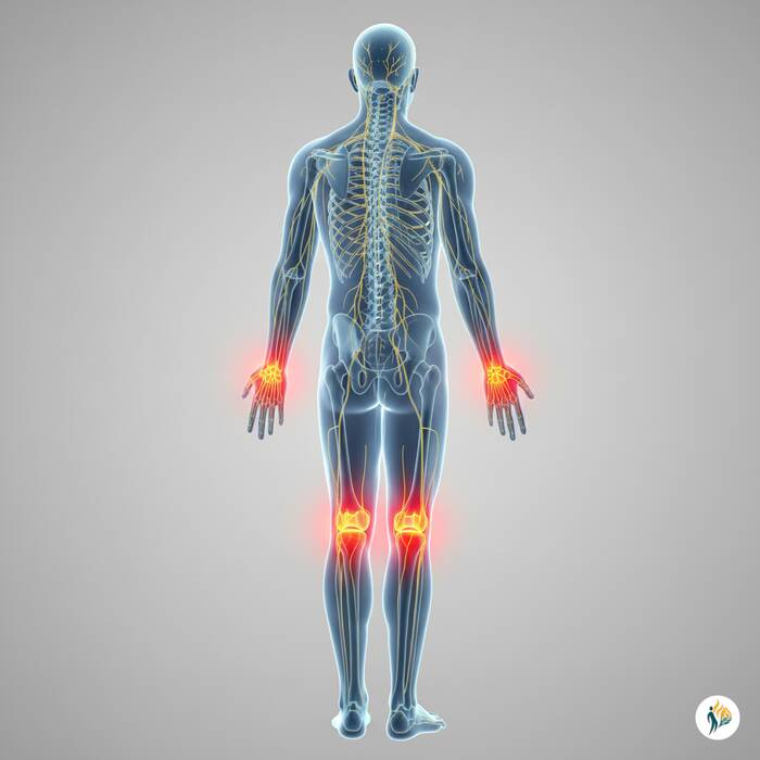 artrite Illustrazione medica del corpo umano visto da dietro con evidenziate in rosso le articolazioni infiammate di polsi e ginocchia, tipiche dell’artrite.