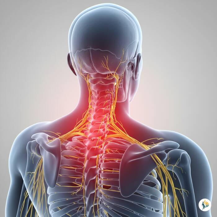 Illustrazione meidca dell’ernia cervicale con alone rosso nella regione del collo