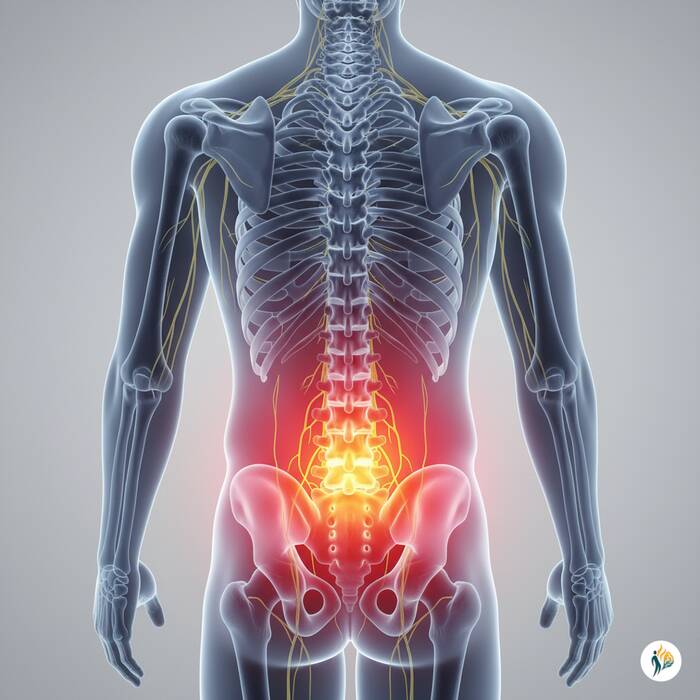 ernia del disco lombare illustrazione medica della colonna vertebrale lombare con ernia del disco evidenziata da un alone rosso