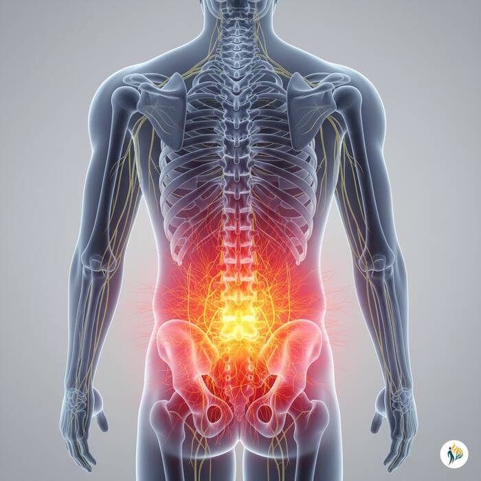 failed-back-surgery-syndrome illustrazione medica che indica dolore (alone rosso) nella regione lombare persistente anche dopo intervento chirurgico