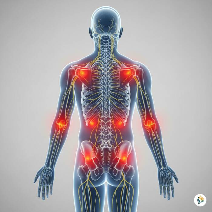 fibromialgia illustrazione medica che indica dolore (alone rosso) diffuso
