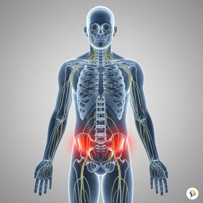 Illustrazione medica dell’articolazione sacro-iliaca vista anteriormente, con evidenza del punto d’infiammazione responsabile del dolore sacro-iliaco.