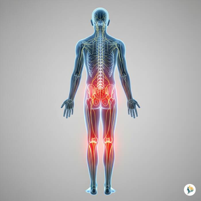 sciatalgia illustrazione medica del dolore sciatico (alone rosso) che si estende dalla parte bassa della schiena fino al piede