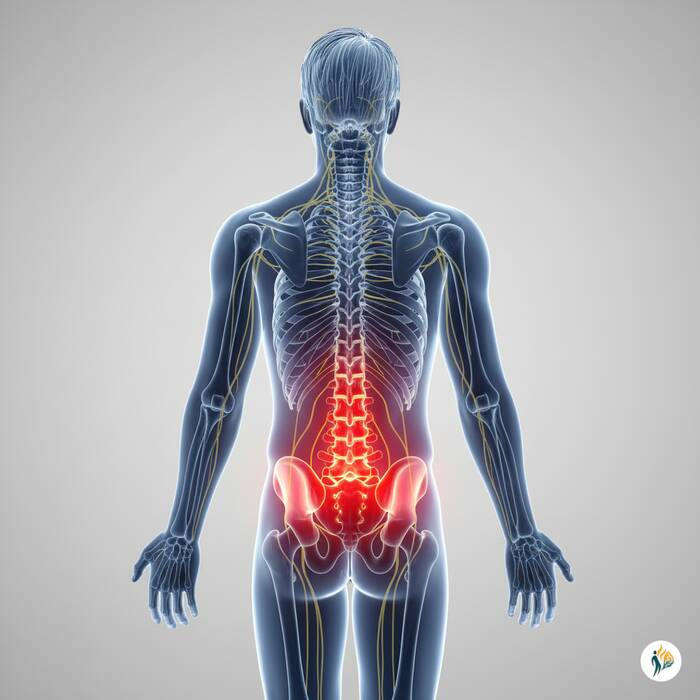 Illustrazione medica di corpo umano con alone rosso su colonna vertebrale lobare per dolore da sindrome faccette articolari