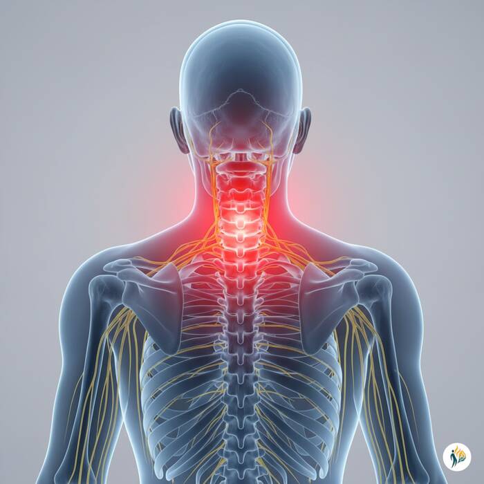 stenosi cervicale Illustrazione medica della regione cervicale della colonna vertebrale con infiammazione (rosso) e nervi compressi, tipica della stenosi cervicale