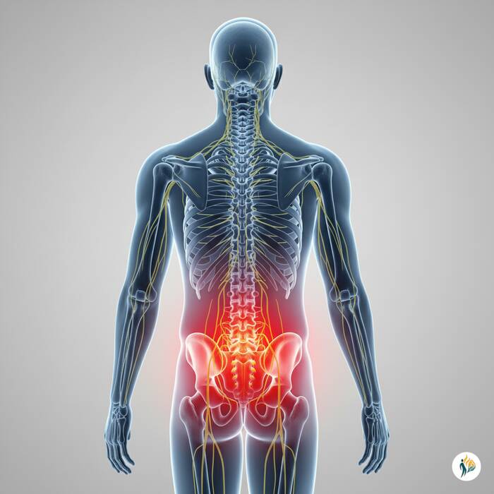 stenosi lombare Illustrazione medica della regione lombare della colonna vertebrale con infiammazione (rosso) e nervi compressi, tipica della stenosi lombare