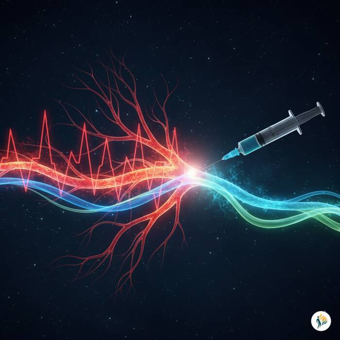 immagine astratta che visualizza un nervo che irradia dolore e un’iniezione che introduce un farmaco  che spegne il dolore