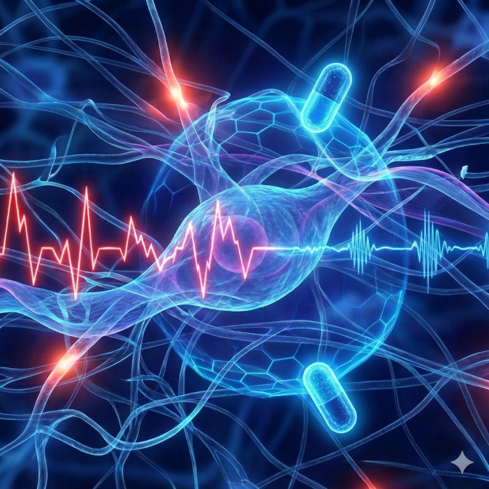 Carbamazepina: capsule blu che stabilizzano impulsi elettrici rossi disordinati in una rete neurale.