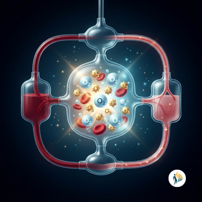 Il sangue interagisce con ossigeno-ozono medicale all'esterno dell'organismo per modulare i sintomi e l'infiammazione. Illustrazione astratta del processo GAE: il sangue prelevato viene trattato extracorporeamente con molecole di ossigeno e ozono.