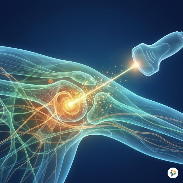 Infiltrazione ecoguidata: onde blu concentriche e un raggio di luce mirato simboleggiano precisione e sollievo dal dolore.