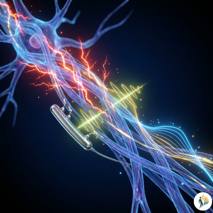 Onde elettriche dorate modulano i segnali di dolore (rossi) per ripristinare l'equilibrio del sistema nervoso Neuromodulazione: onde dorate emesse da un elettrodo regolano i segnali di dolore rossi in una struttura nervosa.