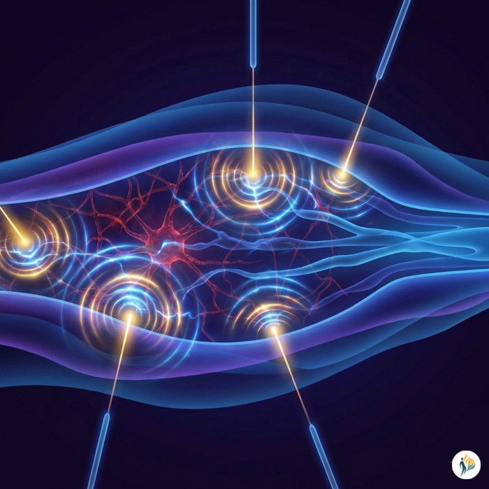 Impulsi elettrici (onde dorate) modulano il nervo (rosso) per bloccare la trasmissione del dolore Illustrazione astratta PENS: aghi sottili e impulsi elettrici dorati modulano segnali nervosi dolorosi (rossi) in flussi calmanti (blu) su fondo scuro.