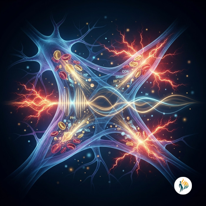 Il plasma concentrato stimola i fattori di crescita per favorire la riparazione tissutale e ridurre l'infiammazione. Illustrazione astratta PRP su sfondo scuro: piastrine concentrate rilasciano fattori di crescita per riparare un tessuto biologico.